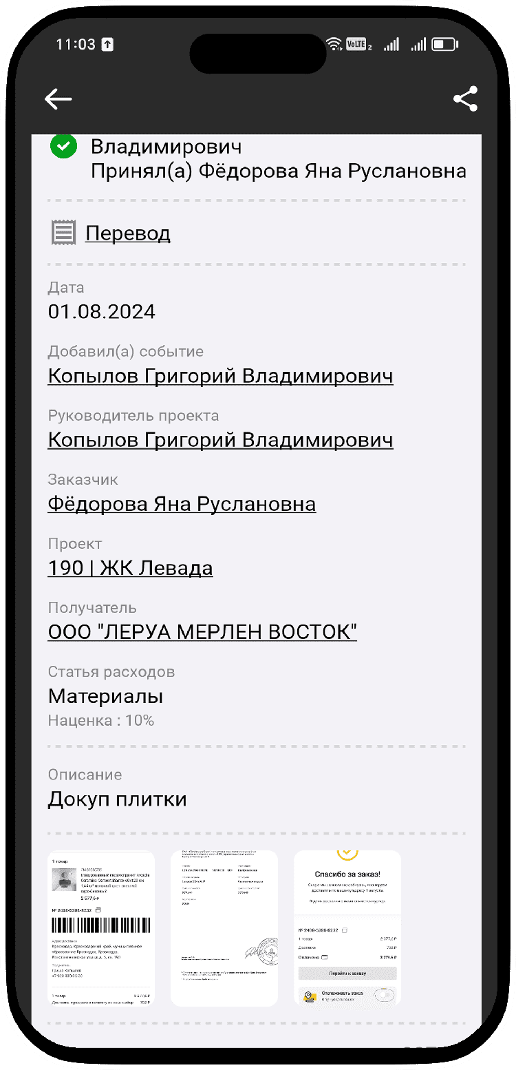Отчёт о расходах с чеками в приложении 101